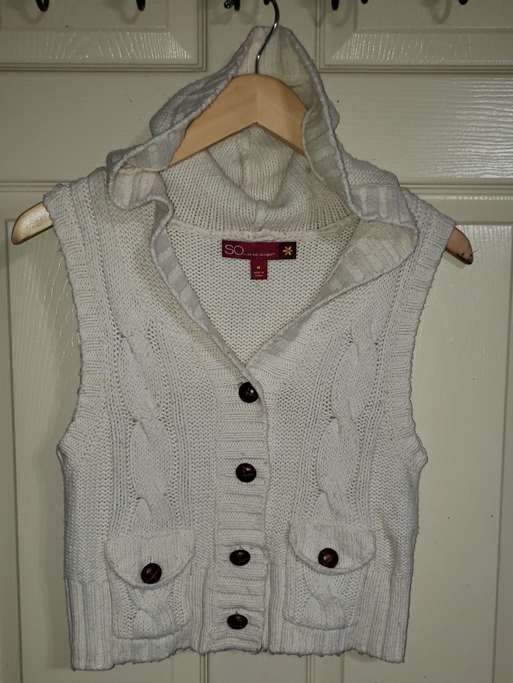 SO Cream Hooded Cable-Knit Sleeveless Cardigan Vest Y2K Vintage